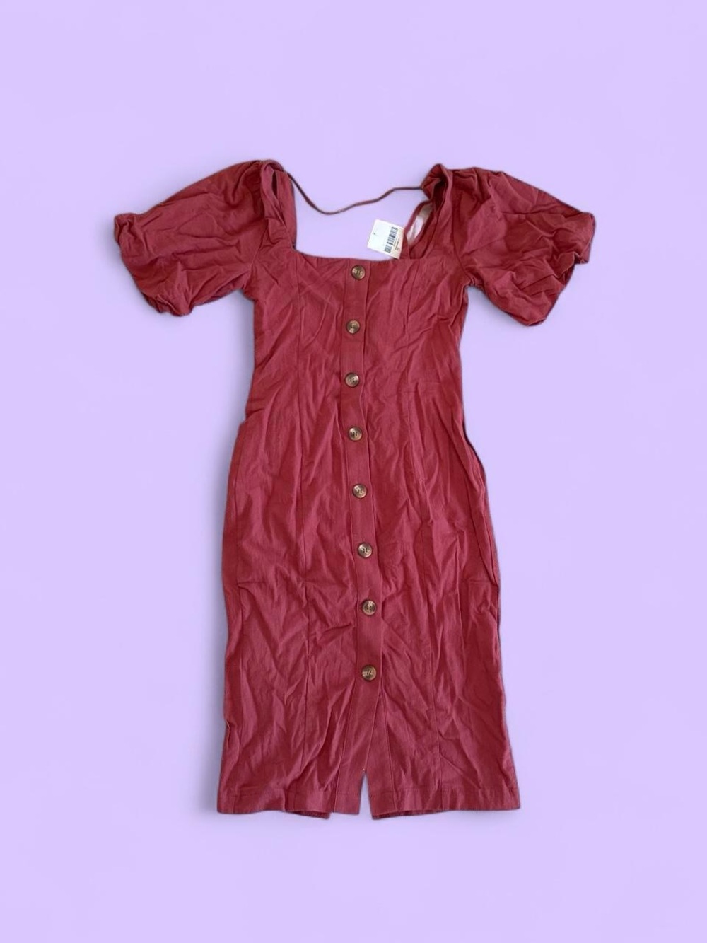 Rust Red Button-Front Puff Sleeve Midi Dress